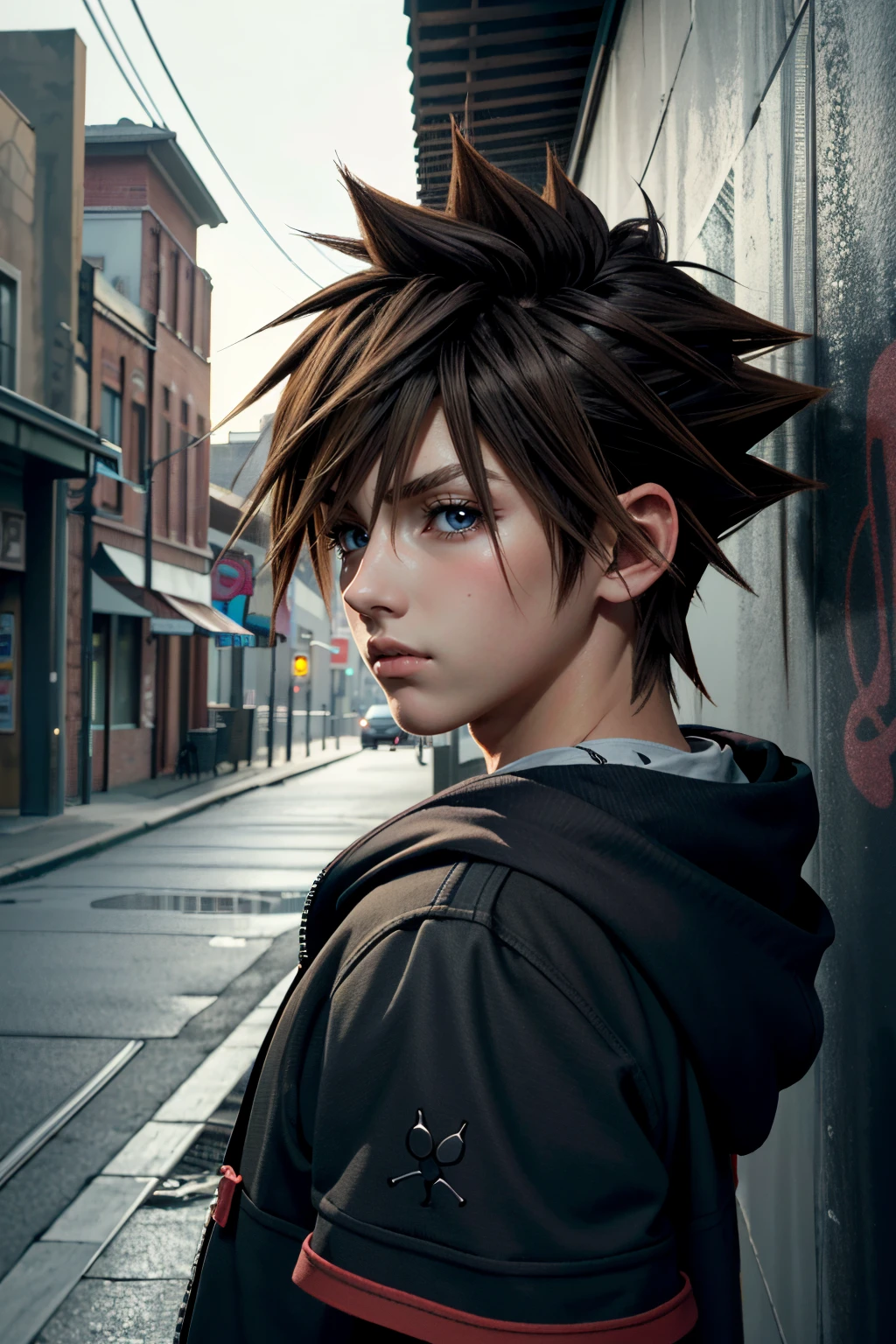 ((ultra detailed, masterpiece, absurdres))
 <lora:KH3Sora:0.8>
KH3Sora, 1boy, brown hair, spiked hair, looking at viewer, in a gritty urban alleyway, graffiti-covered walls, edgy lighting