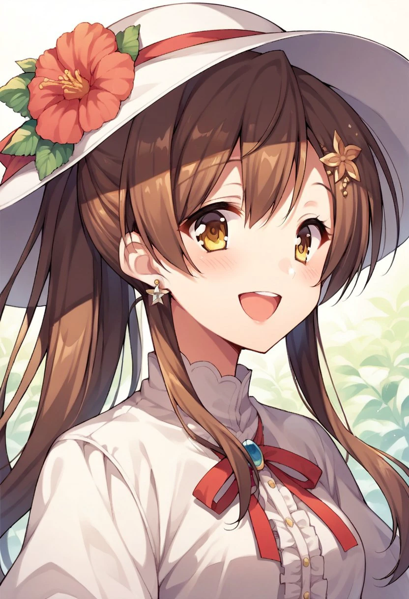 score_9, score_8_up, score_7_up, source_anime,yamabuki aoi, brown hair, long hair, ponytail, yellow eyes, 1girl, solo, dress, hat, smile, earrings, flower, jewelry, ribbon, blush, open mouth