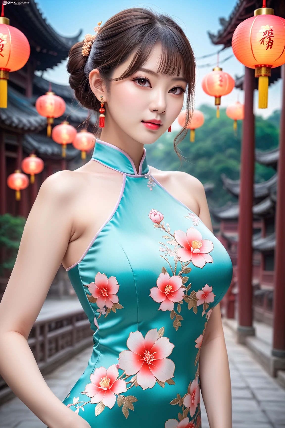 1girl, young, solo, big breasts,
, delicate, beautiful, colorful, vividcolor, lighting,
outdoors, cheongsam, (masterpiece, best quality:1), beautiful face, beautiful eyes, beautiful girl, delicate face, delicate girl