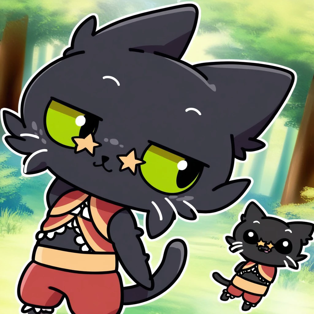 Marmon, black cat, 1 cat, fluffy cat, forest cat, wild cat, green eyes, indian clothes, red clothes, star sunglasses, fluffy arms, anime