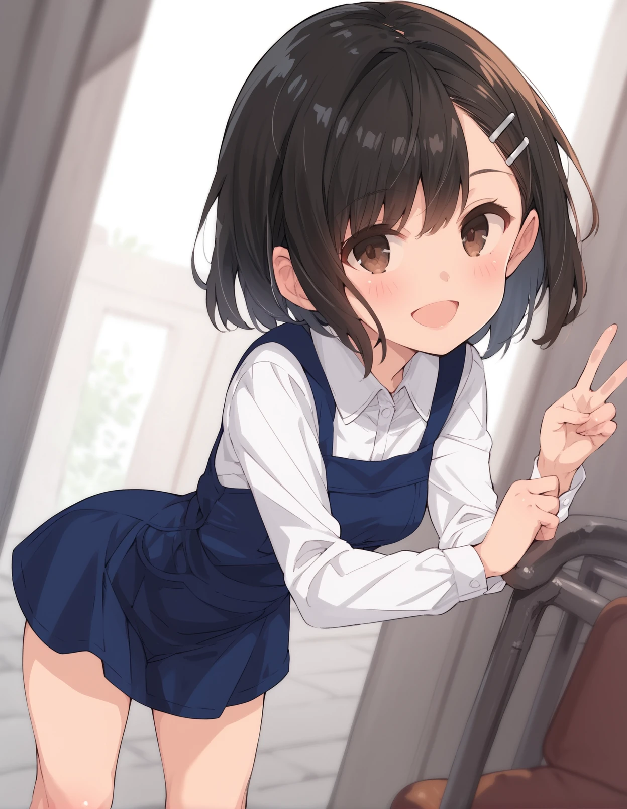 score_9, score_8_up, score_7_up,score_6_up,score_5_up,score_4_up,  1girl, leaning forward, dutch angle, smile, open mouth, blush, short hair, black hair, brown eyes, v, shirt, white shirt, hairclip, dress, blue dress, pinafore dress, hair ornament, long sleeves, sleeveless dress, collared shirt, pleated dress, dress shirt, short dress, medium breasts, 
 <lora:saeki_tatsuya_style_pony6_v1-000036:.9>