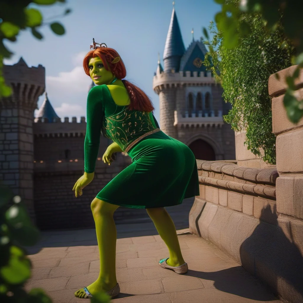 cinematic photo a portrait of green ogre woman wearing a necklace and a tiara on their head, ((green skin)), green hands, green feet, long dress, cleavage, large breast, bare feet, twers in front of a medieval castle <lora:Fiona1024:0.8> . 35mm photograph, film, bokeh, professional, 4k, highly detailed