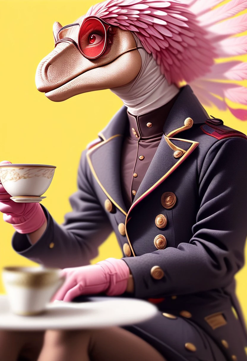 EnD_CGI Style,  1boy, male focus, animal focus, feathers, dinosaur, red eyes, blurry, buttons, open mouth, coat, cup, gloves, tinted eyewear, teacup, sitting, pink sky, closed mouth, yellow background, monocle, pink gloves, pantyhose