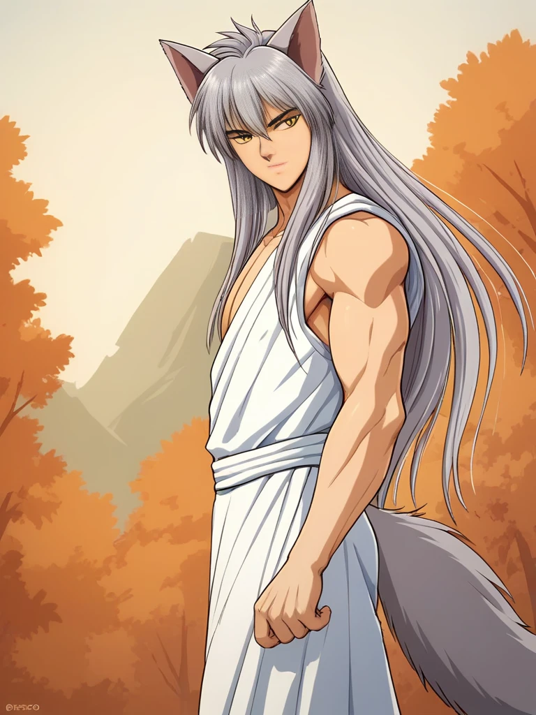 score_9, score_8_up, score_7_up, source_anime, 1boy, male focus, from side,  standing, head tilt, side bangs, cowboy shot, outdoors, baboo forest,  bloom,  large pectorals, yokokuramav2, fox ears, yellow eyes, toned, very long hair, grey hair, tail,  <lora:Yoko_Kurama_Pony:0.75>