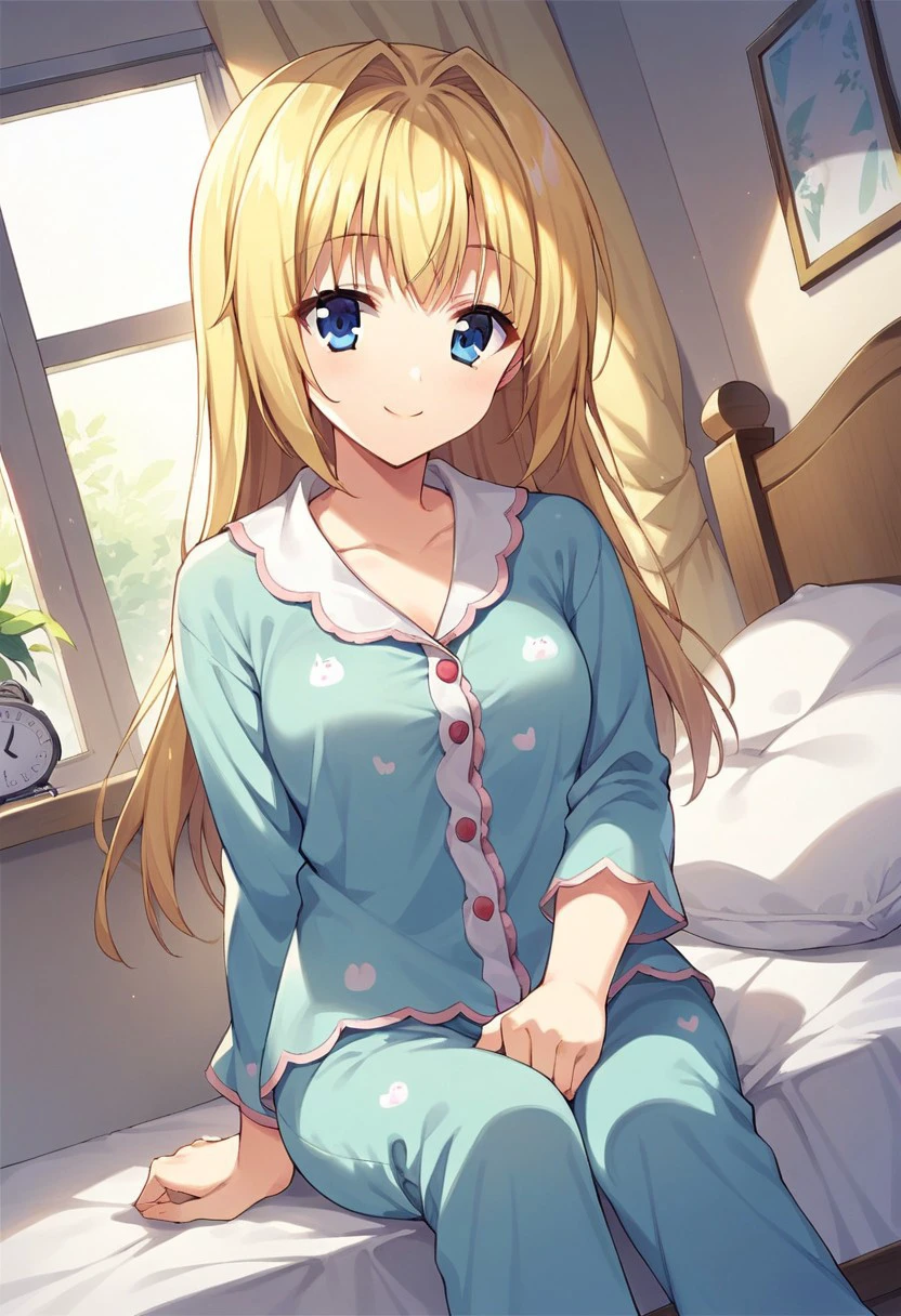 score_9, score_8_up, score_7_up, source_anime,chitose sana, blonde hair, blue eyes, 1girl, solo, smile, sitting, long hair, dutch angle, window, alarm clock, pillow, indoors, bed, pajamas