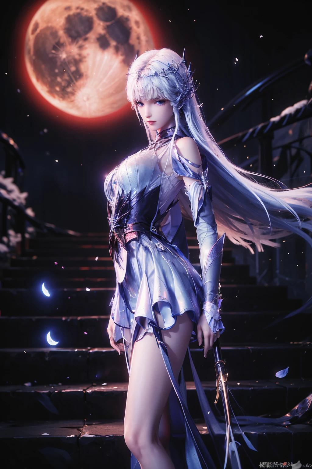 1girl, solo, long hair, breasts, looking at viewer, blue eyes, hair ornament, dress, standing, white hair, outdoors, detached sleeves, sky, petals, night, blue dress, moon, night sky, snow, full moon, stairs<lora:EMS-392252-EMS:0.800000>, <lora:EMS-179-EMS:0.400000>, <lora:EMS-380581-EMS:0.800000>