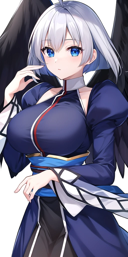 <lora:KamyuV5:.8> Kamyu_short_hair, huge_breasts, standing, solo, Black_china_dress_black_pelvic_curtain_white_overskirt_blue_detached_sleeves_puffy_long_sleeves_blue_sash_thighs, black_angel_wings, masterpiece, best_quality, detailed_face, detailed_eyes, highres, beautiful, detailed, absurdres,