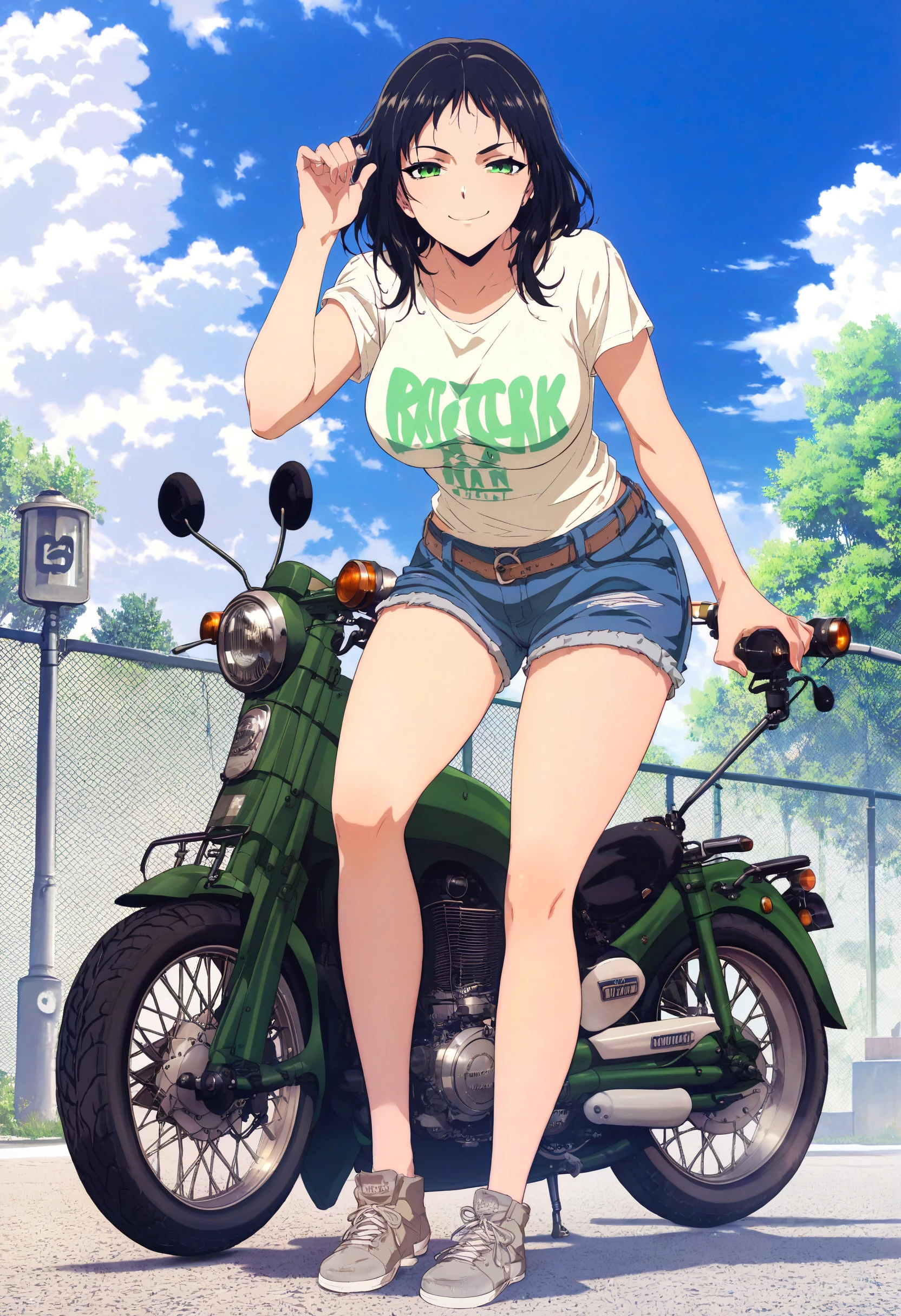 score_9,score_8_up,score_7_up,score_6_up,source_anime,<lora:MeMaXLV3_TypeB:1>,1girl,black hair,green eyes,smirk,half-closed eyes,large breasts,wide hips,white t-shirt,denim shorts,bent over,knees together feet apart,looking at viewer,motorcycle,