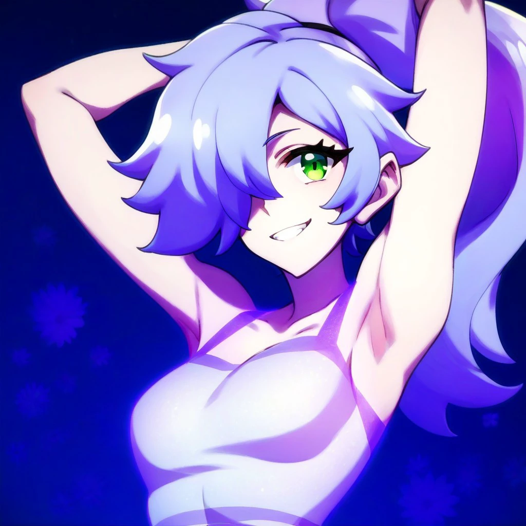 score_9,score_8_up,score_7_up,score_6_up,score_5_up,score_4_up, glowing body, 1girl, solo, lilac hair, green eyes, hair over one eye, ponytail, smile, arms up, armpit,