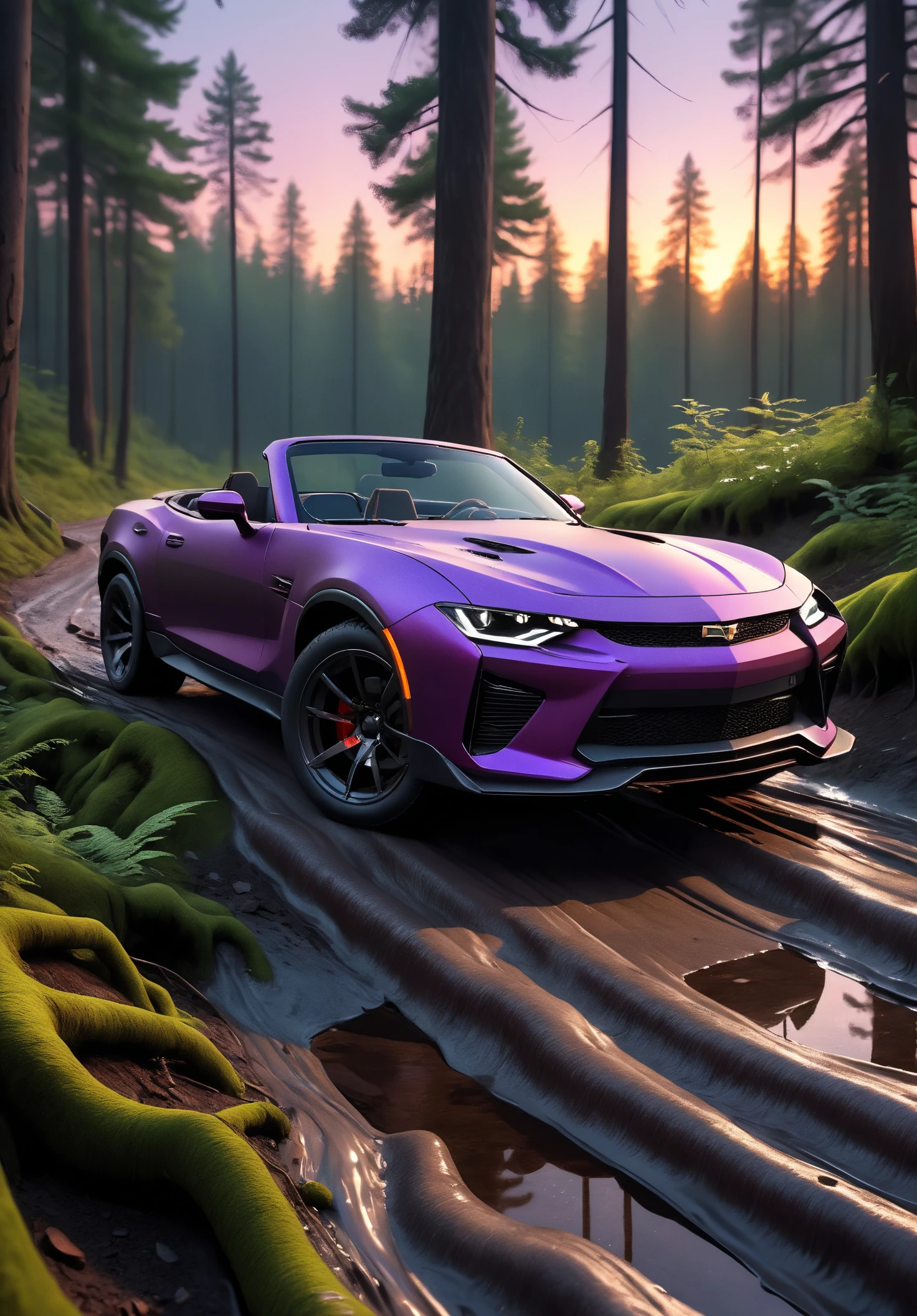 (medium full shot) of A convertible with purple paint, sleek aerodynamic design, sports suspension, off-road tires, neon underglow, carbon fiber trim, skid plates, parked in a remote forest track, with rugged conditions, thick underbrush, adventurous drive, at sunset, ,Masterpiece,best quality, raw photo, realistic, very aesthetic, dark