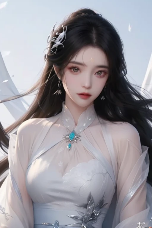 <lora:HrenFanartV2>,
henrendadi, Fanart, 1girl, long hair, jewelry, black hair, hair ornament, forehead mark, dress, solo, mask, facial mark, white dress, upper body, earrings, necklace, sash, chinese clothes, expressionless