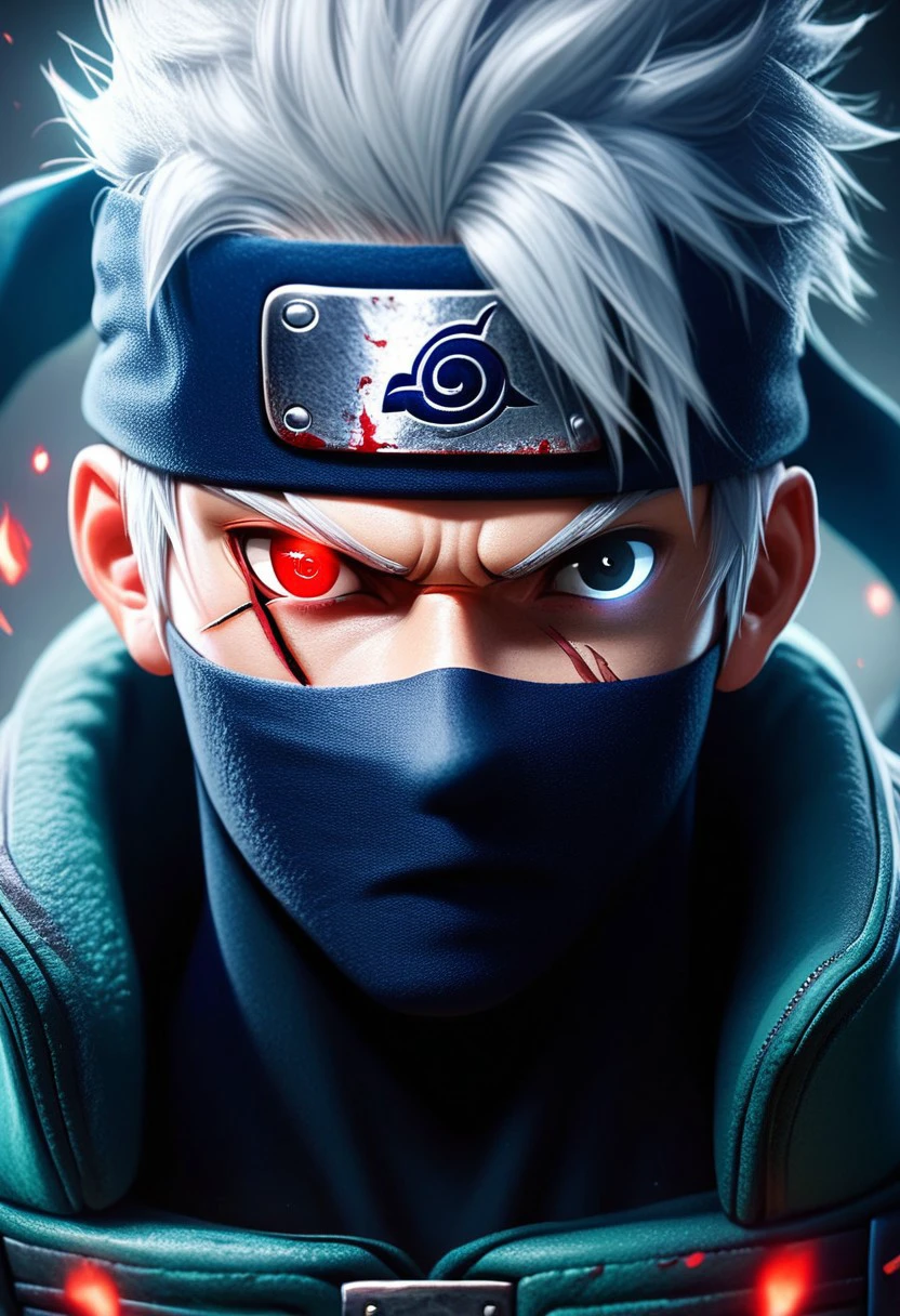 EnD_CGI Style, solo, looking at viewer, red eyes, 1boy, white hair, male focus, black eyes, blood, mask, glowing, heterochromia, scar, portrait, scar on face, realistic, mouth mask, scar across eye, ninja, glowing eye, forehead protector, konohagakure symbol, score_9, score_8_up, score_7_up, score_6_up, score_5_up, score_4_up,