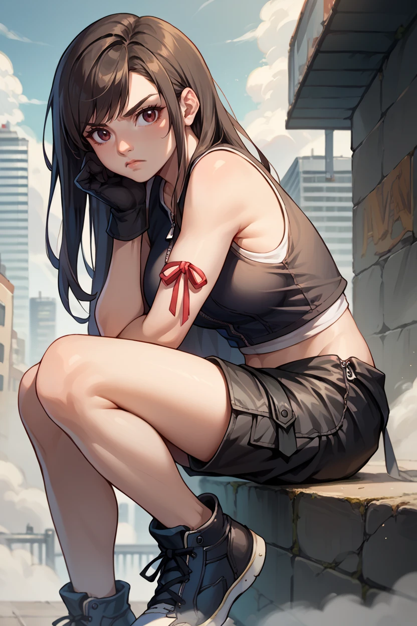 score_9, score_8_up, score_7_up, score_6_up, source_anime, 1girl, solo, <lora:tifa-pdxl-nvwls-v1-000005:1> acTif, brown eyes, black hair, long hair, black shirt, black tank top, zipper, black skirt, midriff, black shorts, black gloves, arm ribbon, black sneakers, serious, from side, fog, city, grey sky, looking at you, sitting