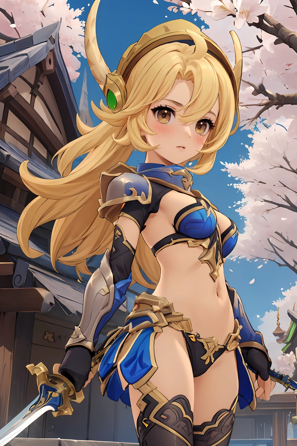 masterpiece, best quality, ultra-detailed,  1girl, solo, khalitz_rom, bikini armor,  holding sword,  fighting stance,  cowboy shot,  low angle, looking at viewer,  cherry blossoms, Blush of dawn theme, vivid colors, tranquil and magical atmosphere,
 <lora:khalitz_rom:0.8> <lora:add_detail:0.5>