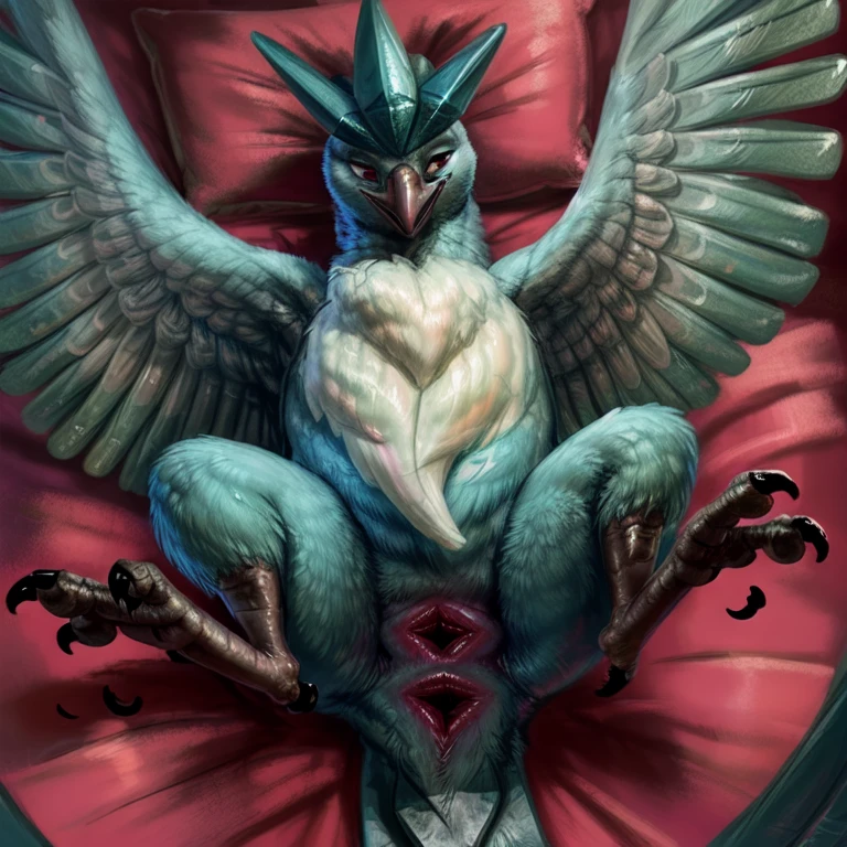 feral, female, Articuno, <lora:Articuno-11>, spreading, cloaca, presenting, avian, talons, spread_wings, top-down_view, on_bed, bedBREAKby killioma, nudity <lora:more_details>