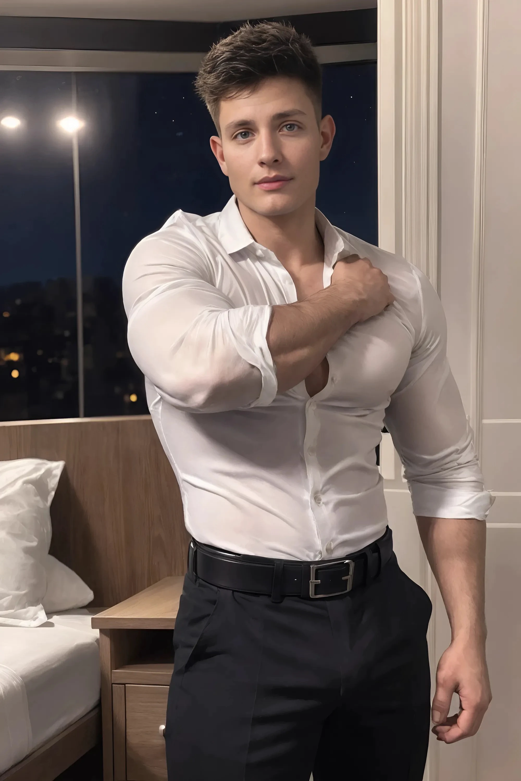 Portrait of Matt Rife, he is (wearing a fitted tight white button-up shirt), (sleeves rolled up to his elbow; sleeves tight against his big biceps:1.3), (he is wearing fitted black dress pants, with belt:1.4), handsome man, attractive man, handsome male, (standing in hotel bedroom:1.4), inspired by Pablo Munoz Gomez, editorial photograph, wide angle, upper portrait of Matt Rife, by Roman Bezpalkiv, by Artur Tarnowski, maxim sukharev, by Gabor Szikszai, Highly Detailed, highly detailed, square jaw, big biceps, short brown hair, blue eyes, ((nighttime:1.3)), ((midnight:1.3)), ((only source of light: bedside table:1.3)),