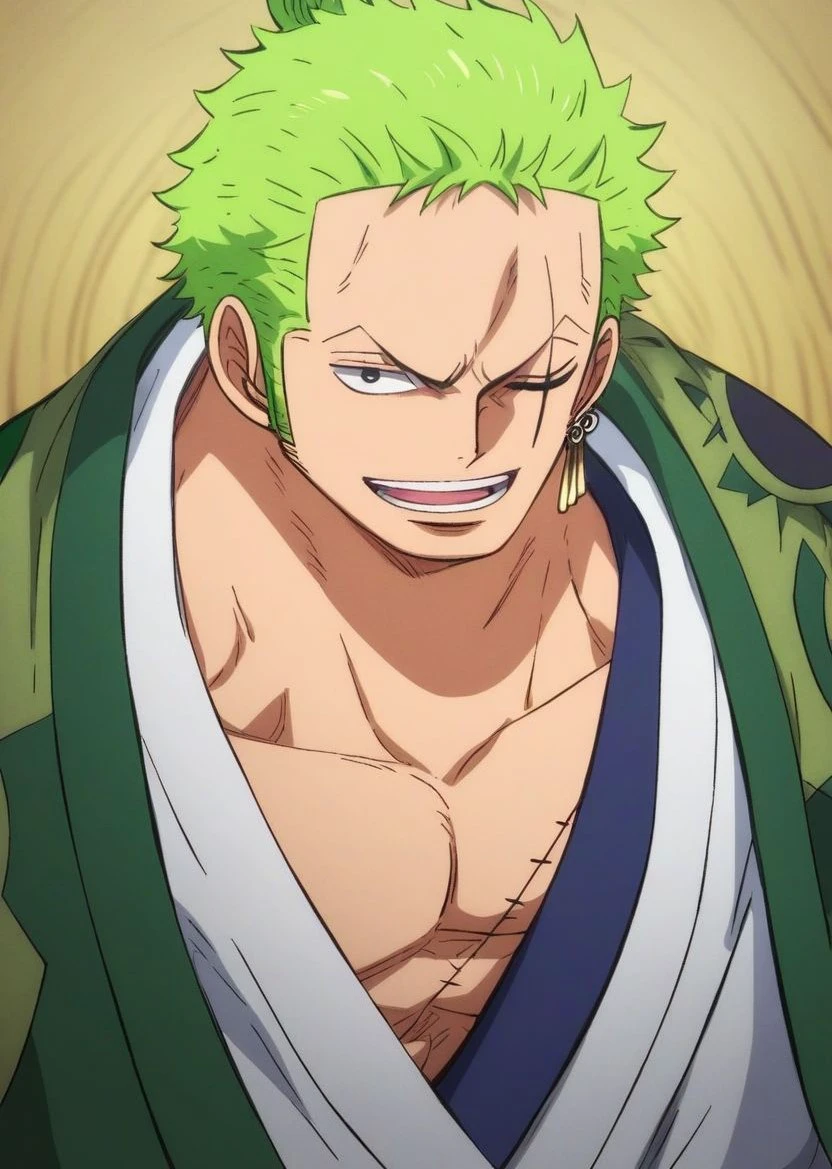 Roronoa Zoro, male focus, 1boy, solo, japanese clothes, kimono, pectorals, upper body, green kimono, open kimono, pectoral cleavage, smile, scar on chest, looking at viewer, open clothes, muscular male, toned, toned male, muscular