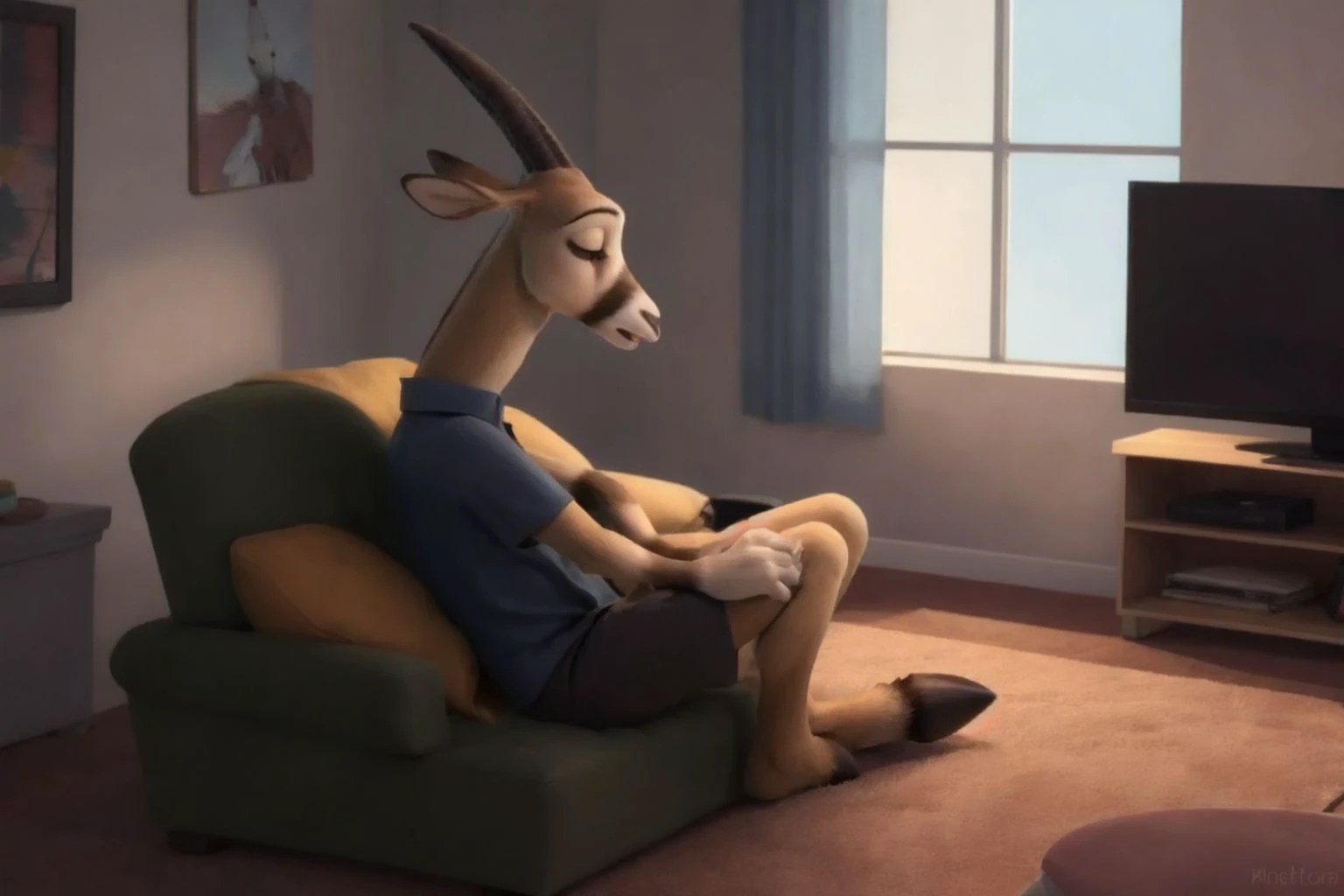 <lora:Antlerson:0.7>, pronk, antelope, tall, hooves, closed eyes, sleeping, green couch, small apartment, horns, side view, relaxed, blue shirt, grey shorts, tail, crossed legs, night,
apartment, on couch, tv light, tv in foreground, 
disney, cartoon, messy room