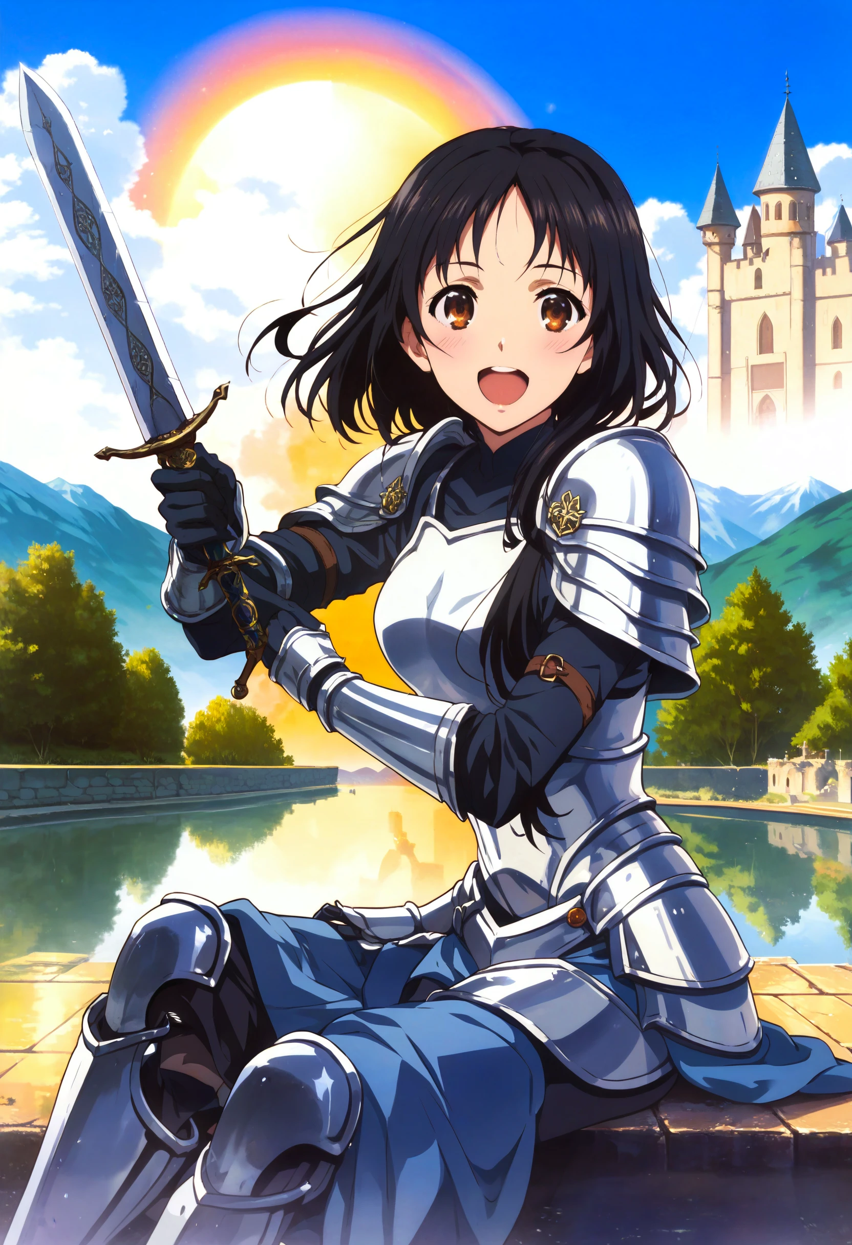 score_9,score_8_up,score_7_up,score_6_up,source_anime,<lora:MeMaXLV3_TypeB>,1girl,pose,armor,holding sword,black hair,parted bangs,long hair,brown eyes,happy,open mouth,medium breasts,blush,sitting,mountain,castle,orange sky,reflection,