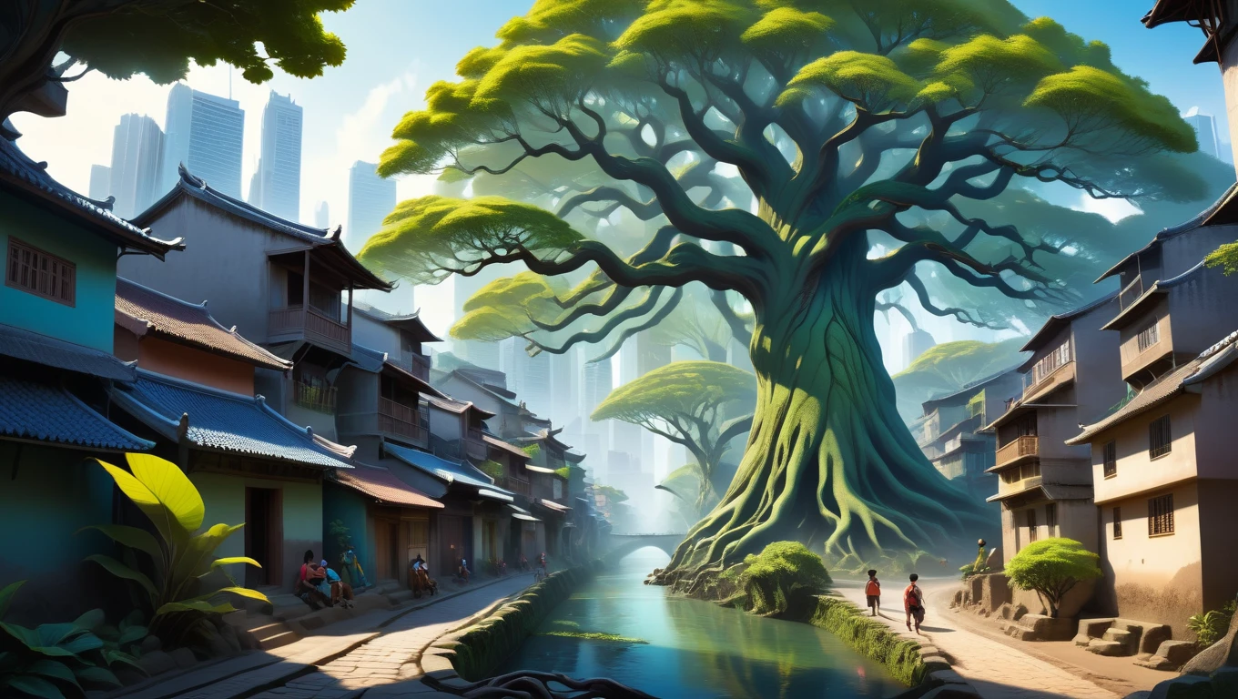 <lora:artfullyORGANICITY_SDXL_V1:1>,  A city with a gigantic tree in the center and a river that snakes through the villagers homes