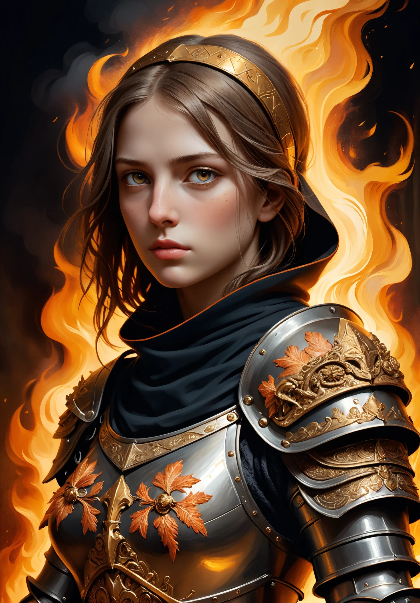 oan of Arc: The portrait features a young woman reminiscent of Joan of Arc, a historical figure from the 15th century renowned for her role during the Hundred Years' War. Her facial expression is serious and determined, embodying her bravery and resolve.Armor: The figure is adorned in a detailed, gilded armor with intricate patterns, both functional and decorative. This highlights her role as a warrior and leader. She wears a dark hooded cloak embellished with golden embroidery around the edges, adding Colors: The artwork employs a warm color palette dominated by gold and orange tones, creating a sense of warmth and drama. The intense colors add a vibrant atmosphere to the image. Fire: Flames are depicted in the background and around the figure, adding movement and energy. The fire might symbolize Joan Background: The background is dark with cracked, textured surfaces, giving the image an antique and dramatic ambiance. The textures resemble old paintings orfrescoes.Symbolism: The combination of fire and the ancient texture of the background may symbolize destruction and the sacrifice Joan of Arc made.Digital Artwork: The image is a digital creation, combining realistic and painterly elements. The detailed armor and finely rendered face indicate a high level of technical skill.Light and Shadow: Joan of Arc is a powerful and evocative depiction that captures both her historical significance and her symbolic role as a brave warrior and martyr