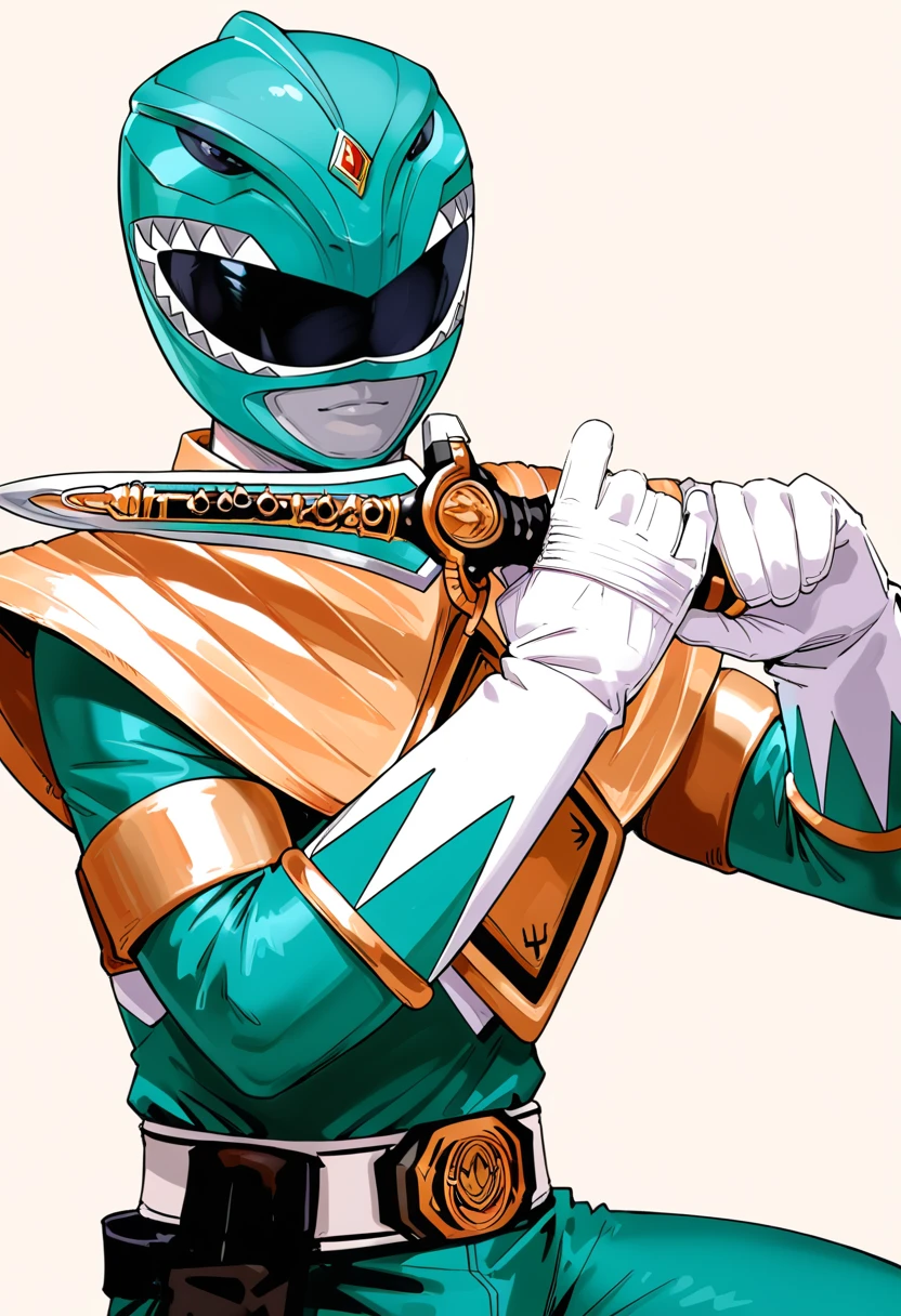 (score_9:0.9),score_8_up,score_7_up,rating_explicit,anime style,(zPDXL),<lora:Green Ranger ponyXL v4:0.85>,green bodysuit,green power ranger,green motorcycle helmet,1boy,male focus,weapon,solo,,white background,holding dagger,white gloves,simple background,dagger,