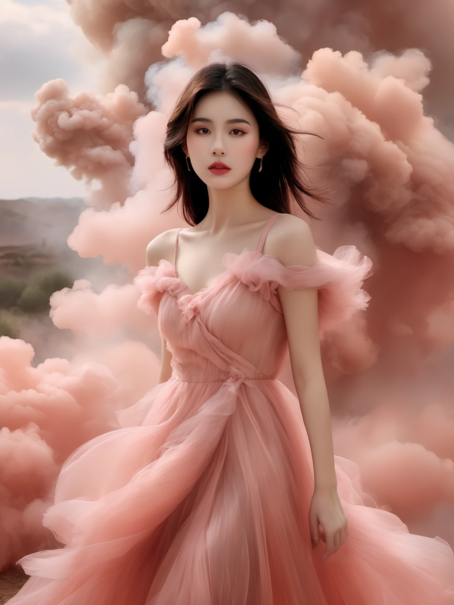 Realistic photo, 8k, ultra realistic, 1girl,  beautifull girl, full body, wearing dress, any pink smoke,cloud,pink dress, over viewer, <lora:JAY PINK CLOUD DRESS XL:0.8>, (best quality:1.3)