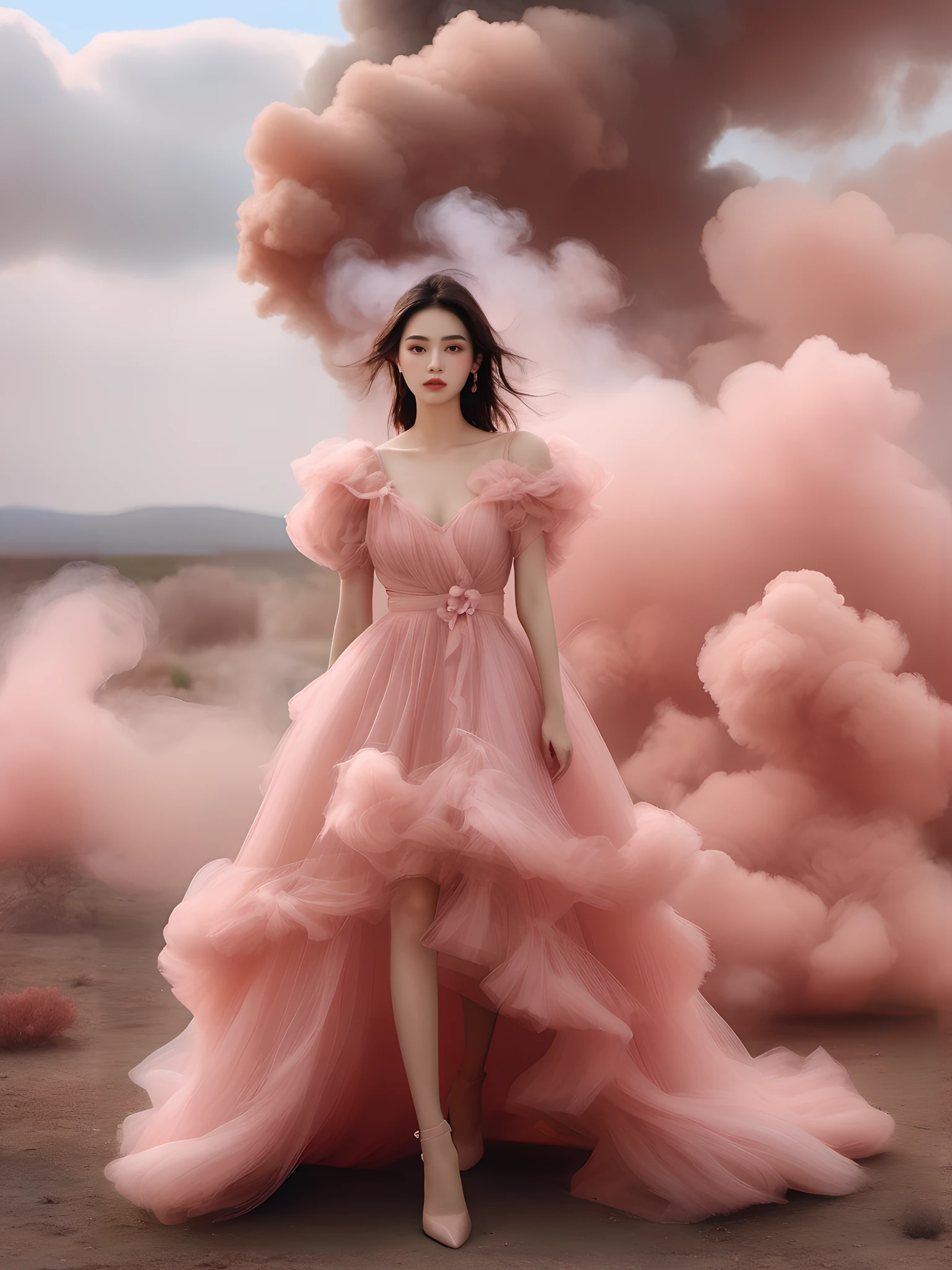 Realistic photo, 8k, ultra realistic, 1girl,  beautifull girl, full body, wearing dress, any pink smoke,cloud,pink dress, over viewer, <lora:JAY PINK CLOUD DRESS XL:0.8>, (best quality:1.3)