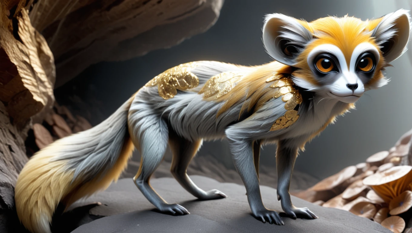 <lora:artfullyMBACKM_SDXL_V1:1>, Mineral-backed Monkeyfox: This hybrid of a fox and monkey dwells in cavernous homes where it consumes minerals. These minerals filter into its fur, creating intricate and beautiful designs that are highly appealing, especially to potential mates.