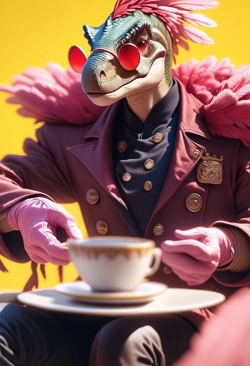 EnD_CGI Style,  1boy, male focus, animal focus, feathers, dinosaur, red eyes, blurry, buttons, open mouth, coat, cup, gloves, tinted eyewear, teacup, sitting, pink sky, closed mouth, yellow background, monocle, pink gloves, pantyhose ,score_9, score_8_up, score_7_up, score_6_up, score_5_up, score_4_up,