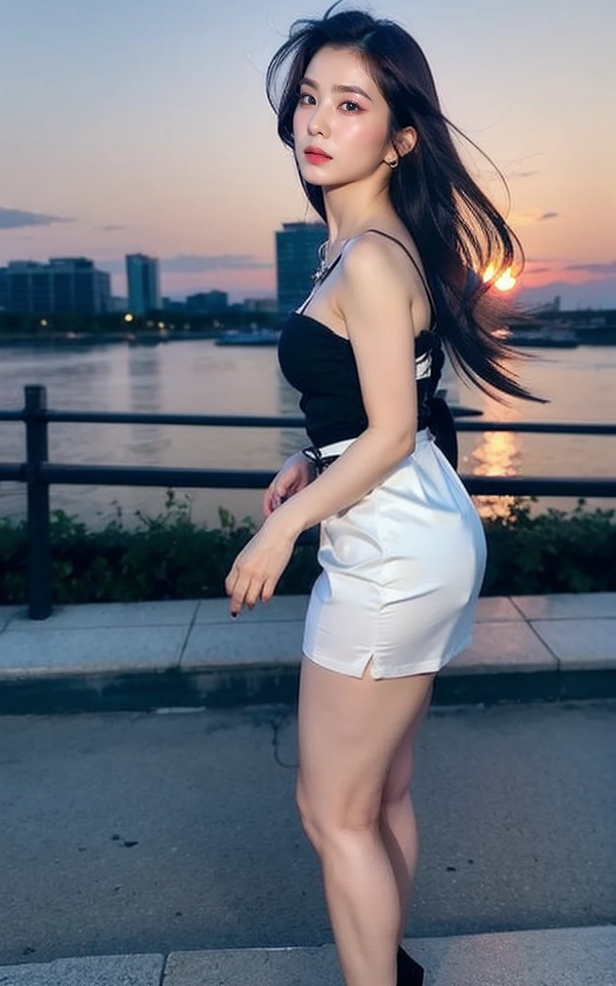 (Fullbody:1.3),<lora:Irene_V1:1> Irene_V1 ,, (realistic), (hyperrealism), (photorealistic:1.4), 1girl, looking at the viewer, eye makeup, detailed eyes, detailed face, detailed background, black dress, walking at the streets, sunset, (windy:1.2)