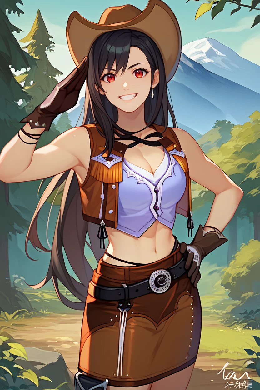 score_9, score_8_up, score_7_up, score_6_up, source_anime, 1girl, solo, <lora:tifa-pdxl-nvwls-v1-000005:1> hatTif, red eyes, black hair, long hair, cowboy hat, brown vest, white shirt, sleeveless, cleavage, midriff, brown skirt, belt, cowboy boots, gloves, grin, mountains, forest, looking at you, salute, hand on hip