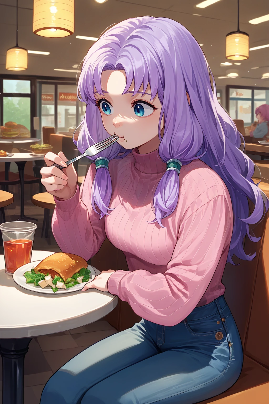 score_9, score_8_up, score_7_up, source_anime, 1girl, solo, <lora:NSFlorinaFE7:1> NSFlorinaMisc, light purple hair, long hair, parted bangs, low-tied sidelocks, turtleneck sweater, pink sweater, jeans, sitting, eating, holding fork, indoors, restaurant