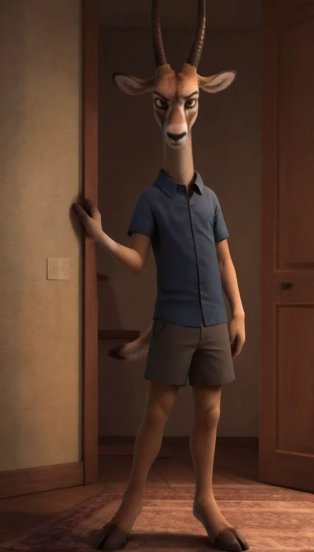 <lora:Antlerson:0.7>, pronk, antelope,  full body, male, tall, angry:1.2, looking at viewer:1.3, relaxed, long body,  skinny:1.2, looking at viewer, hand on door:1.3,  tail, inside, doorway,  blue shirt, grey shorts, wooden apartment, yellow wallpaper, carpet, dark, light bulb