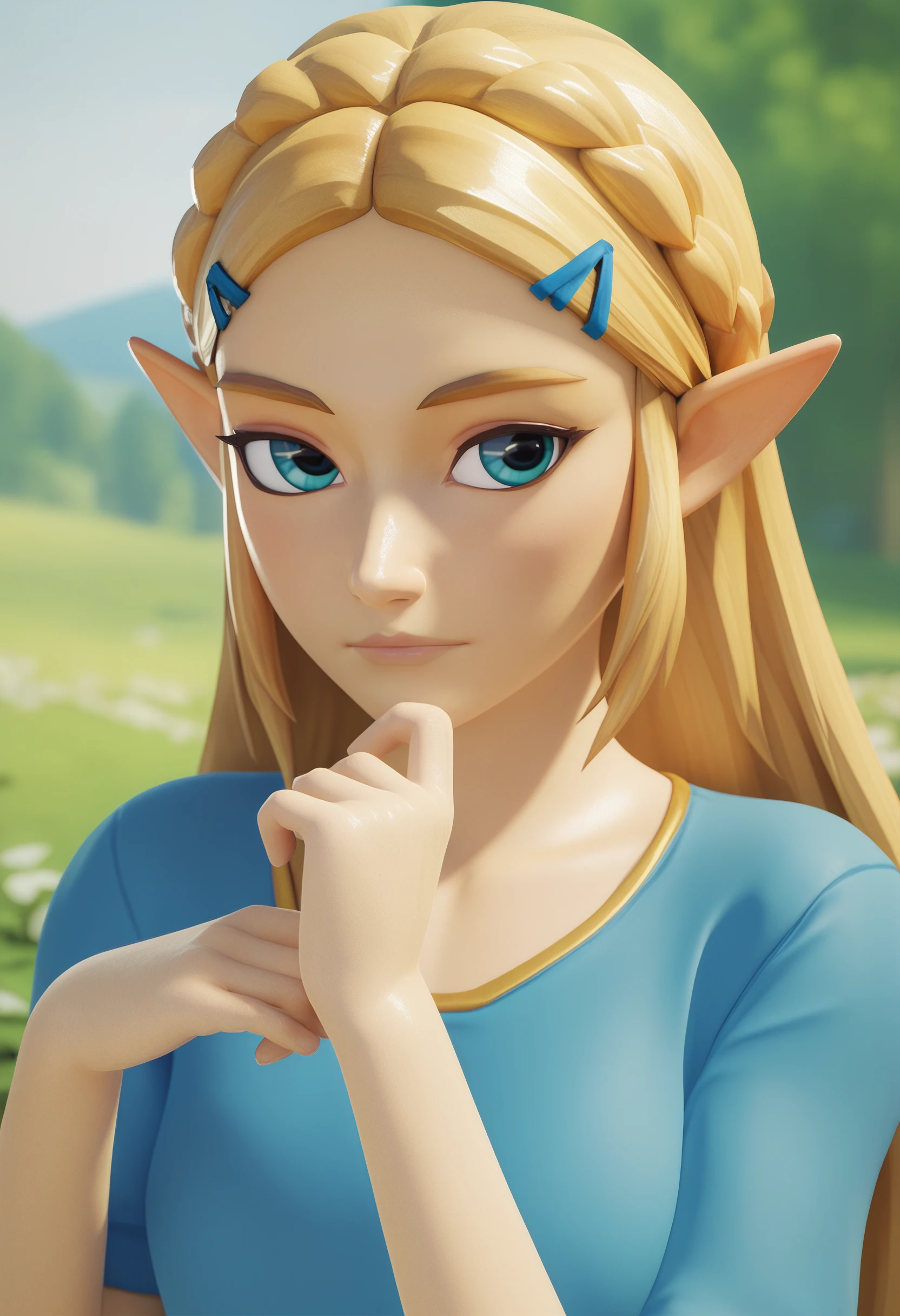score_9, score_8_up, score_7_up, <lora:fugtrup-guy-PONY-LyCORISv1:1>, 3d, 1girl, solo, princess zelda, depth of field, portrait, outdoors, blue shirt,