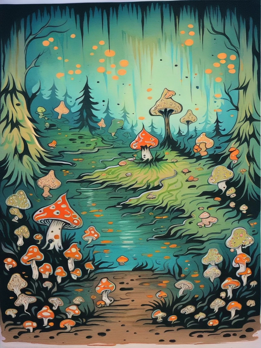 score_9, score_8_up, score_7_up, score_6_up,  <lora:c4m1ll3XLP:1> c4m1ll3, traditional media, mushroom, forest,