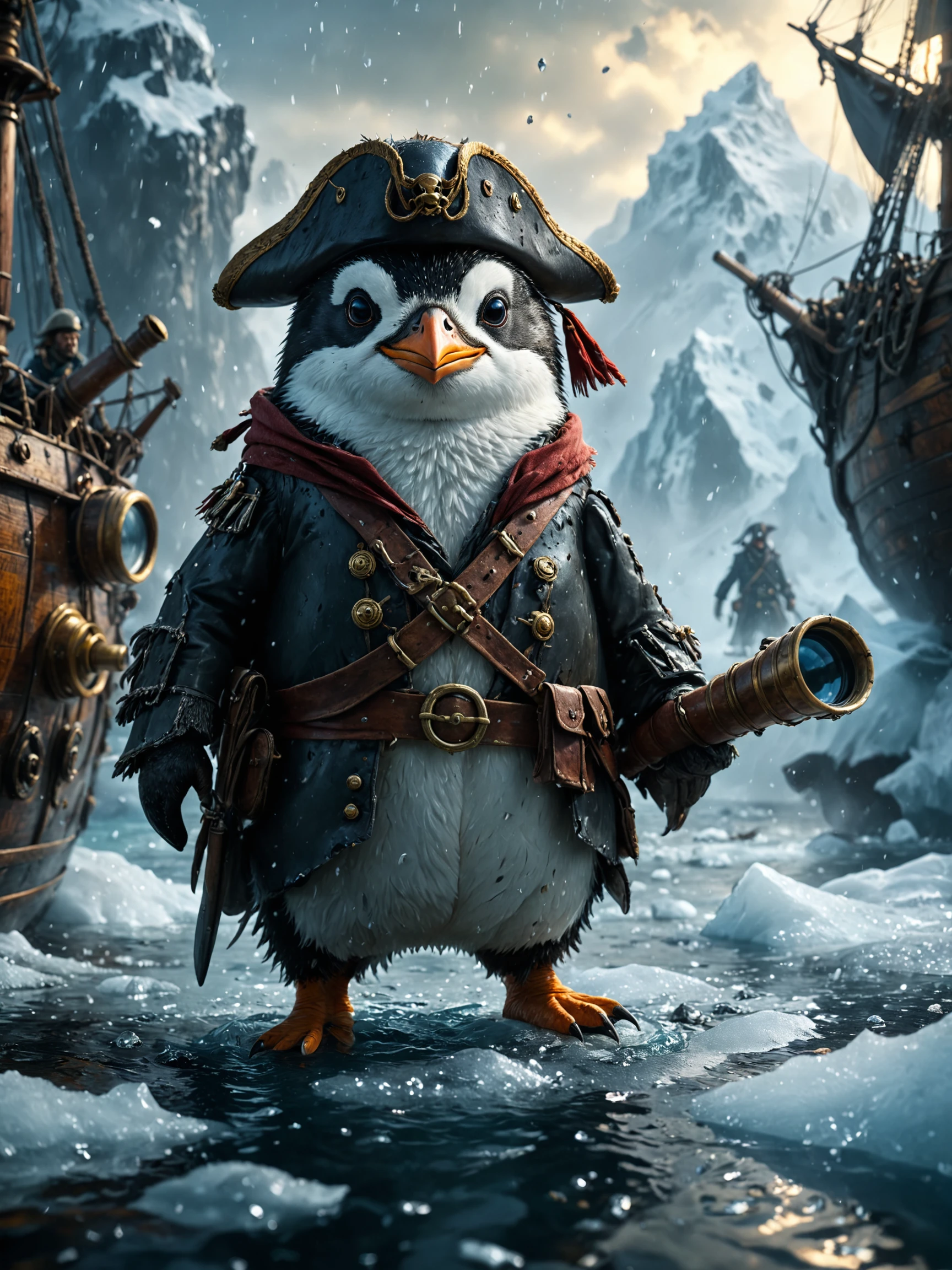A penguin in a pirate outfit, leading a ship of penguin pirates through icy waters, shouting commands and looking through a telescope. (masterpiece, award winning artwork)
many details, extreme detailed, full of details,
Wide range of colors, high Dynamic
cinematic, dramatic, great lighting, poster