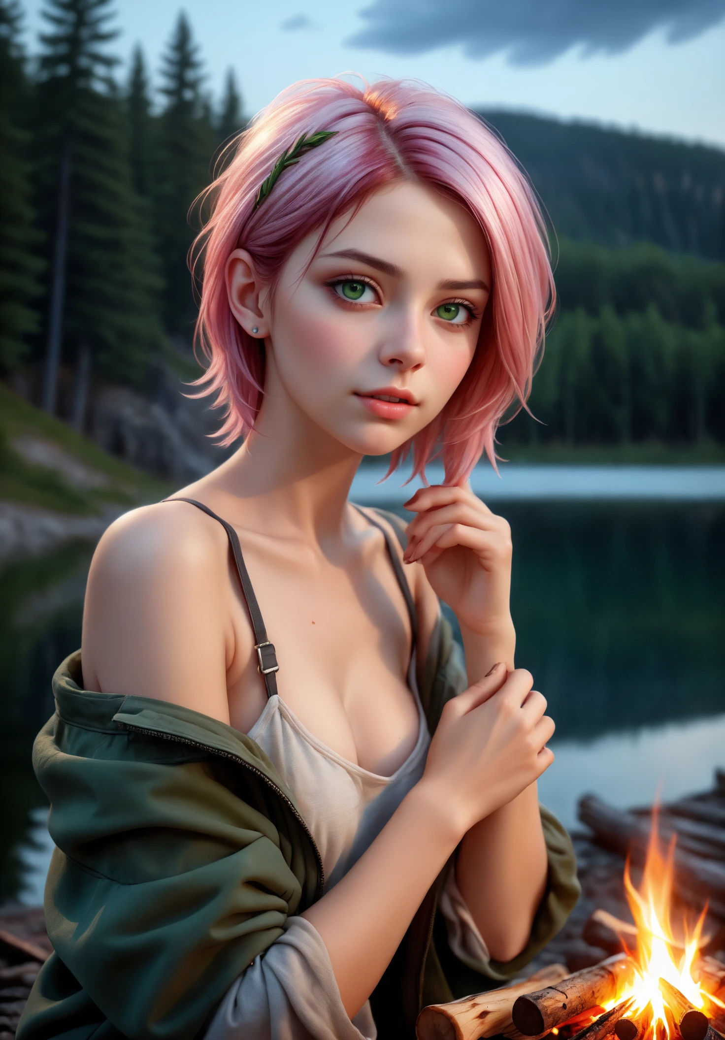 high quality fingers, normal hands, detailed fingers,masterpiece, (realistic, photo-realistic:1.37), (22 years old woman), small breast, small waist, pink hair , green eyes, beautiful face, perfect illumination, beautiful detailed eyes,looking at viewer, stunningly beautiful woman, detailed hairstyle, (( campfire,night time, lake))
