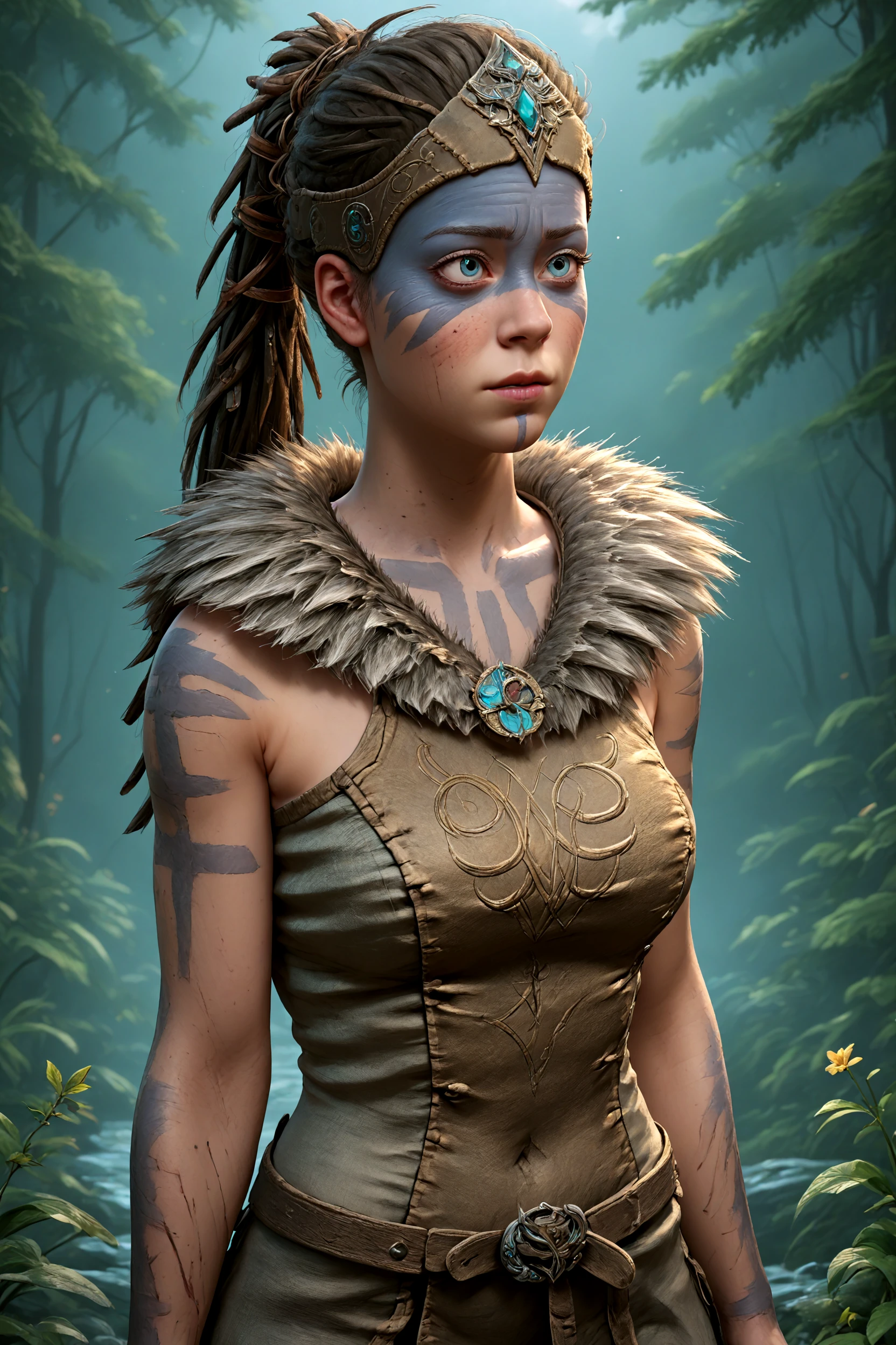 1 girl,<lora:senua_lora:0.8> senua,brown hair, ponytail, long hair,fur trim,facepaint,in a forest,, <lora:detailed_notrigger:1> zPDXL2, PonyXLV6_Scores, <lora:Hyper-SDXL-8steps-lora:1>