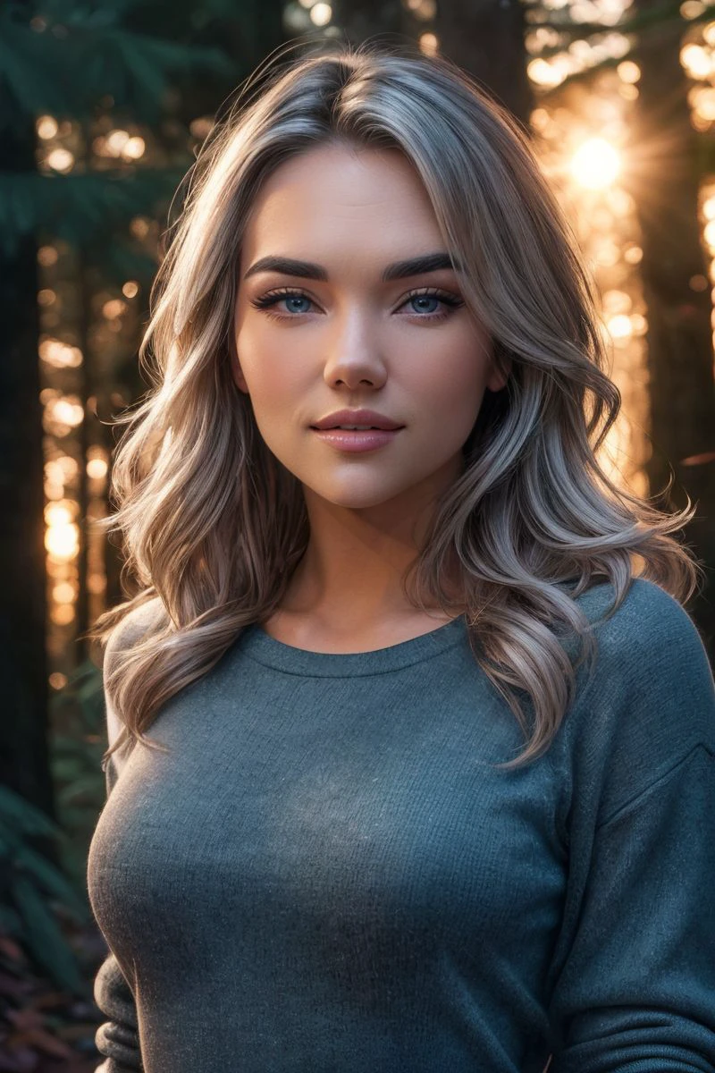 photo of S454_HollynAdams,a stylish woman,in a (forest:1.1),wearing a (crewneck),(leggings),(sunset),(4k, RAW photo, best quality, 50mm, depth of field, ultra high res:1.1),(intricate, photorealistic, cinematic-shot, masterpiece, ultra-detailed:1.1),