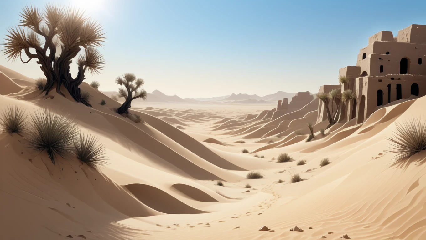 <lora:artfullyMONOC_SDXL__V1:1>, Desolate desert, endless sand dunes, rare resilient plants, ancient ruins, scorching sun