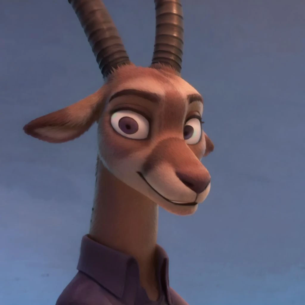 <lora:Antlerson:0.7>, pronk, antelope,  portrait,  light smile, looking at viewer:1.2, blue background, looking to the side, <lora:Zootopia_anyLora_2:0.7>