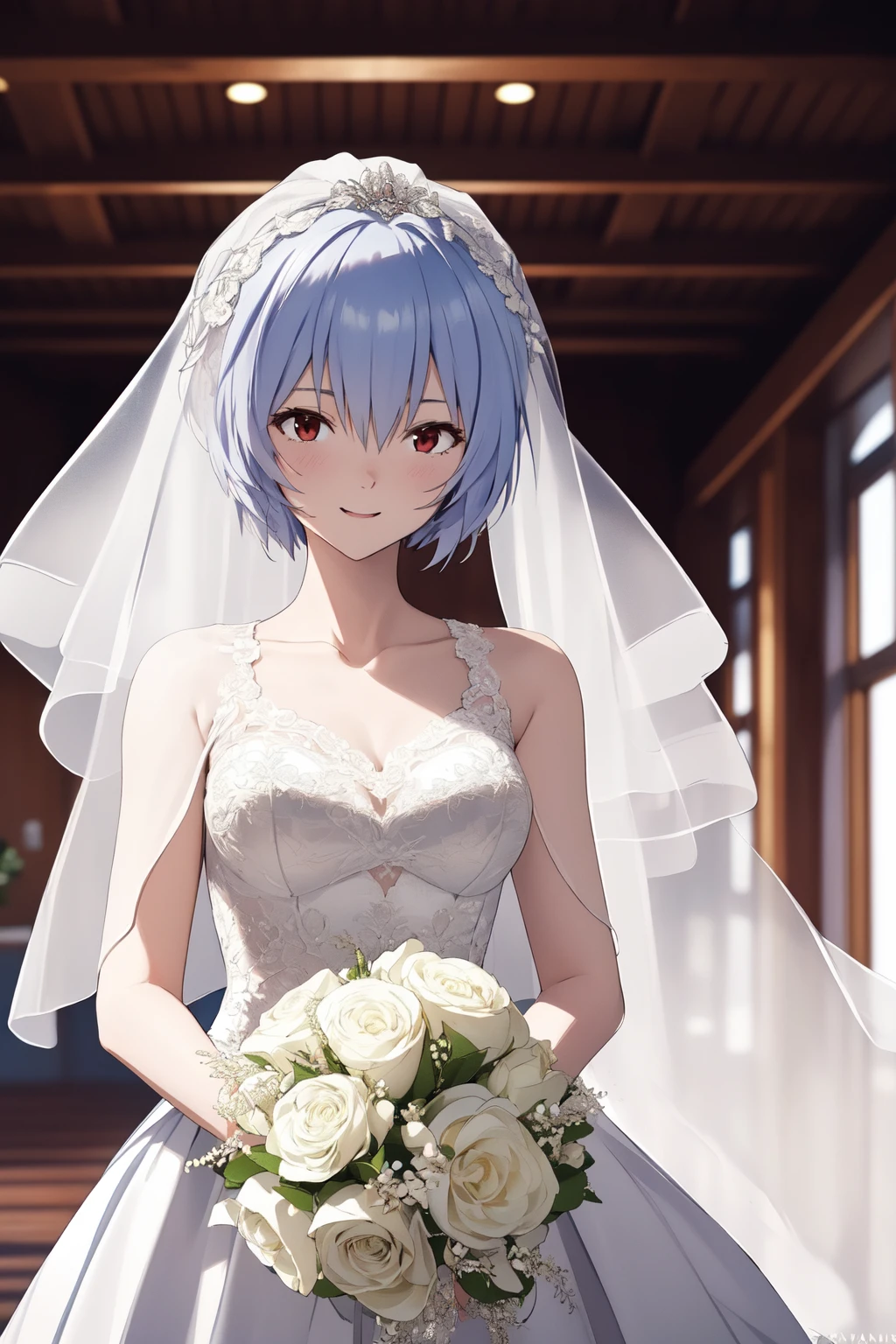 (RAW photo, best quality), 1girl,  natural lighting, 
 <lora:ayanami_rei_v1_2:1> ppayanamirei,
wedding gown, veil,  bouquet, happy,