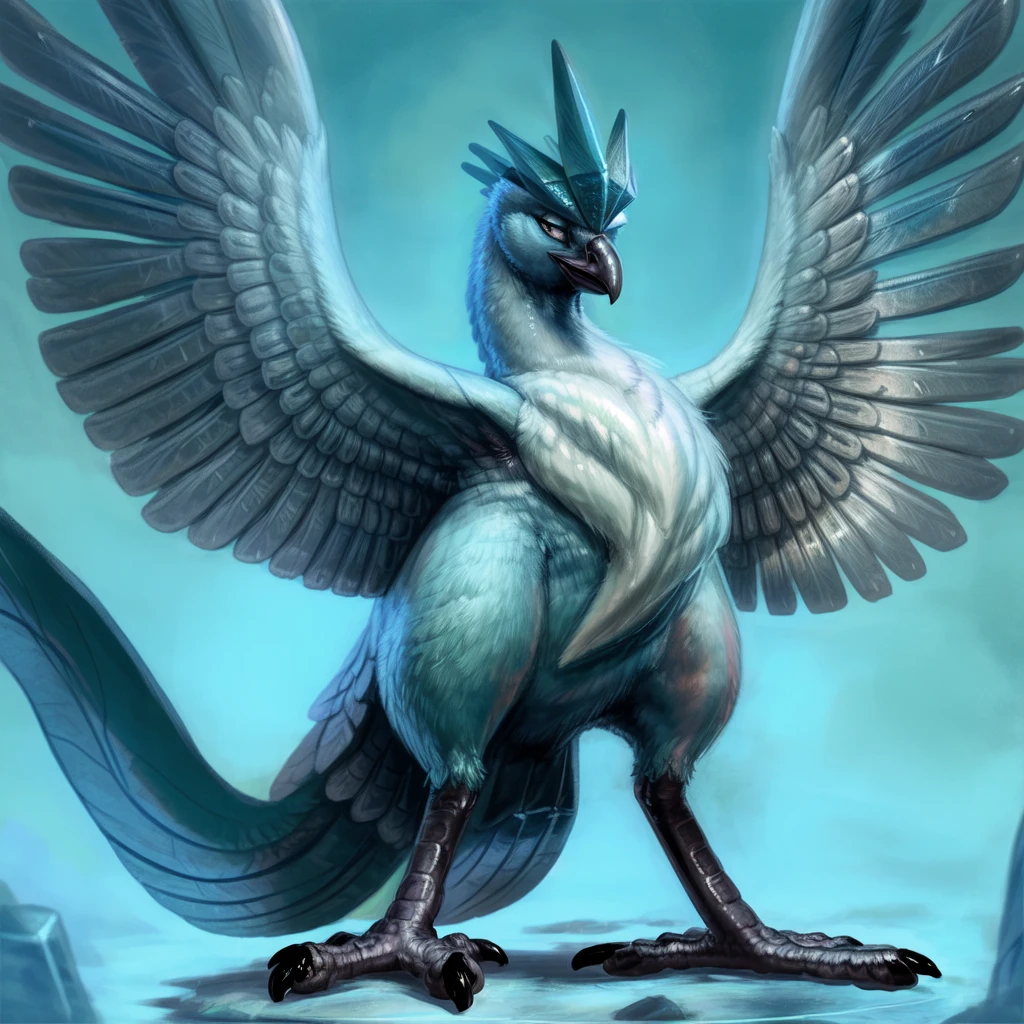 feral, female, Articuno, <lora:Articuno-11>, bipedal_feral, standing, ice_background, spread_wings, avian, beak, talons, chest_tuftBREAKby killioma, <lora:more_details>