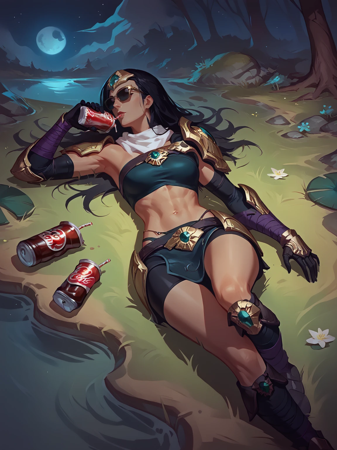 score_9, score_8_up, score_7_up, BREAK, Sivir, 1girl, solo, (long black hair), goled diadem, white scarf, bandages on the chest, golden shoulder pad, armored shorts, armored bracers, black boots, sunglasses, drinking cola, lying on grass, night fall, moon in lake, Concept Art  <lora:SivirNormal:1>   <lora:Concept Art Twilight Style SDXL_LoRA_Pony Diffusion V6 XL:1>