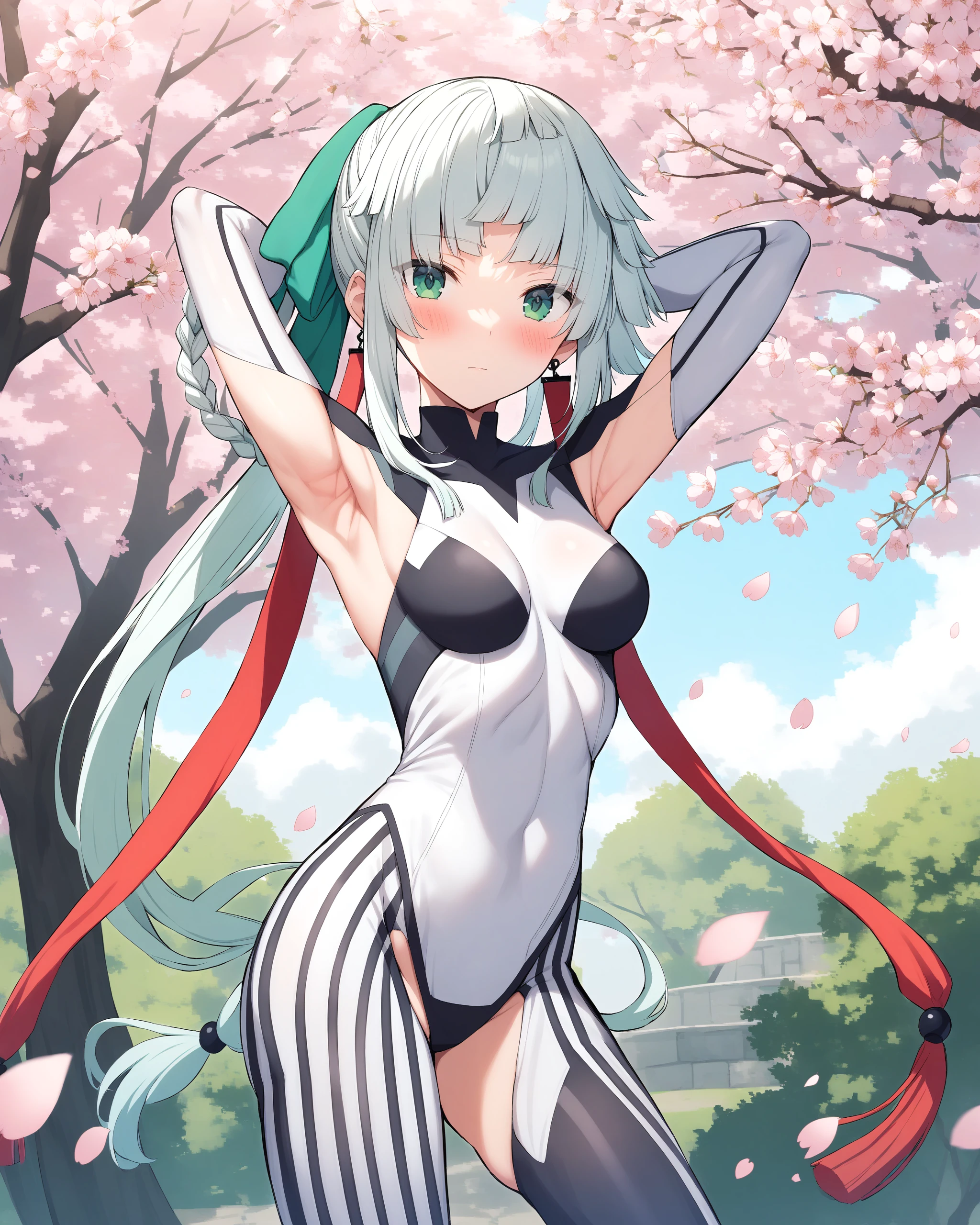 <lora:yui:1> Yui Shousetsu(first_ascension), white hair, green eyes, tassel earrings, bodysuit, pony tail, braided hair rings, two-tone bodysuit, looking at viewer, blush, closed mouth, arms behind head, armpits, outdoors, cherry blossoms,