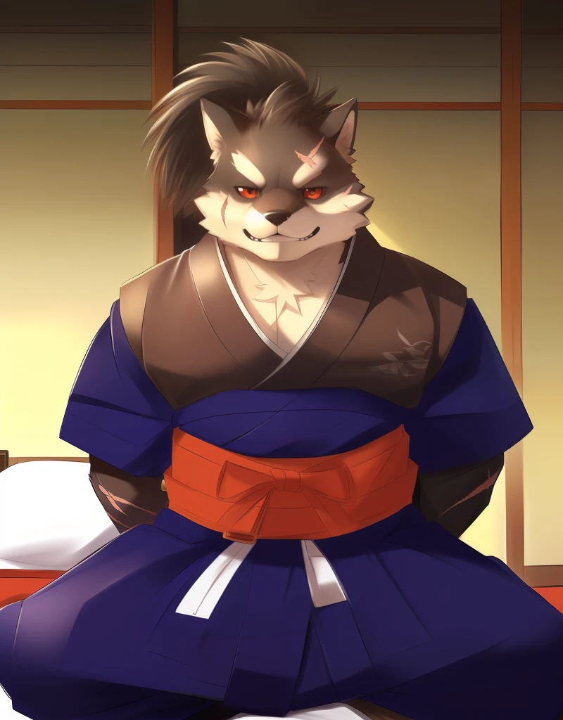 (((detailed eyes, detailed face))), (furry, shino  <lora:character_shino_findigo_v2:1>, two-tone fur, ponytail, dog boy, one eye covered, scar, tattoo on hand, red sclera), male, (solo), (plump, fat, chubby, overweight), ((blue kimono:1.8, brown jacket), samurai), sitting, (arms behind back), smile, (front view) BREAK (konzaburou, ukan_muri), bedroom, (flat shading, high brightness), 8k, UHD, masterpiece, (full body), (scar on face, scar on cheek, scar on chest, scar on arm, scar on nose)