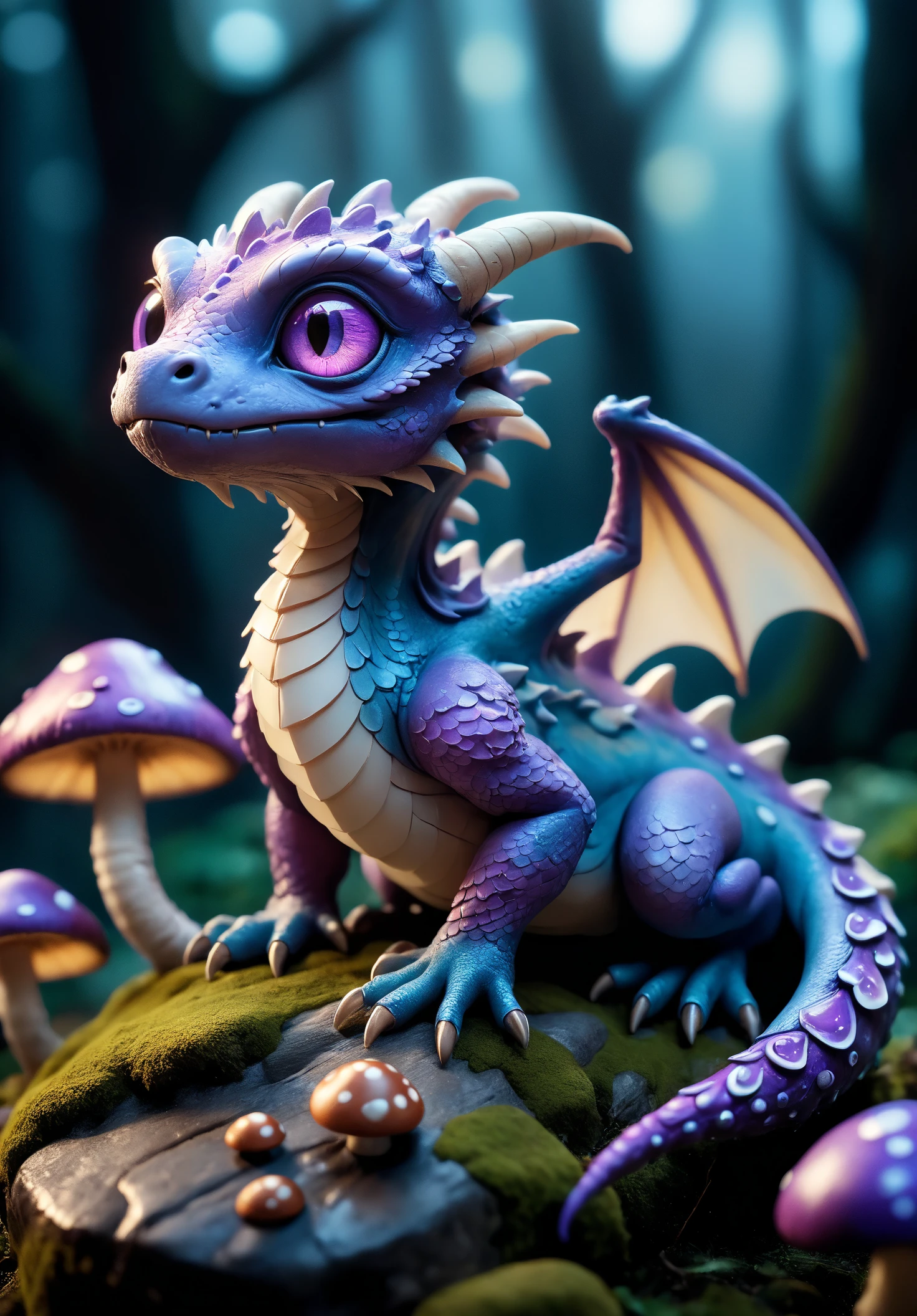 miniature dragon, cute and chubby, iridescent scales, tiny wings, big round eyes, perched on a rock, mystical forest, glowing mushrooms, twilight, soft blue and purple hues, (ethereal glow), magical aura, macro photography, extreme close-ups, intricate details, unseen worlds, capturing texture, emphasizing details, revealing beauty in small things, professional lighting, precise focusing, artistic expression, immersive experience, expert technique, Cinematic photography, mood, cinematic light, compelling composition, storytelling elements, conveys emotion, mood, and narrative depth, creating visually striking images that feel like still frames from a film