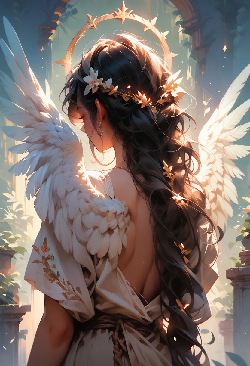 score_9, score_8_up, score_7_up, score_6_up, score_5_up, score_4_up, 1girl, w1ngs, angel wings, from behind, long hair,