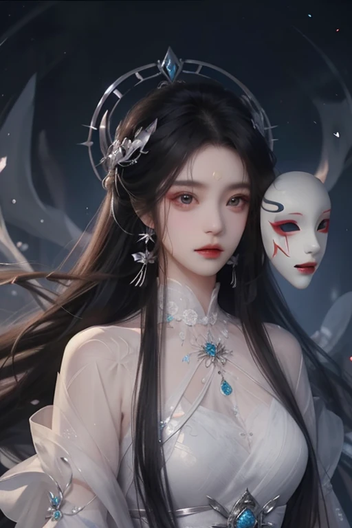 <lora:HrenFanartV2>,
henrendadi, Fanart, 1girl, long hair, jewelry, black hair, hair ornament, forehead mark, dress, solo, mask, facial mark, white dress, upper body, earrings, necklace, sash, chinese clothes, expressionless